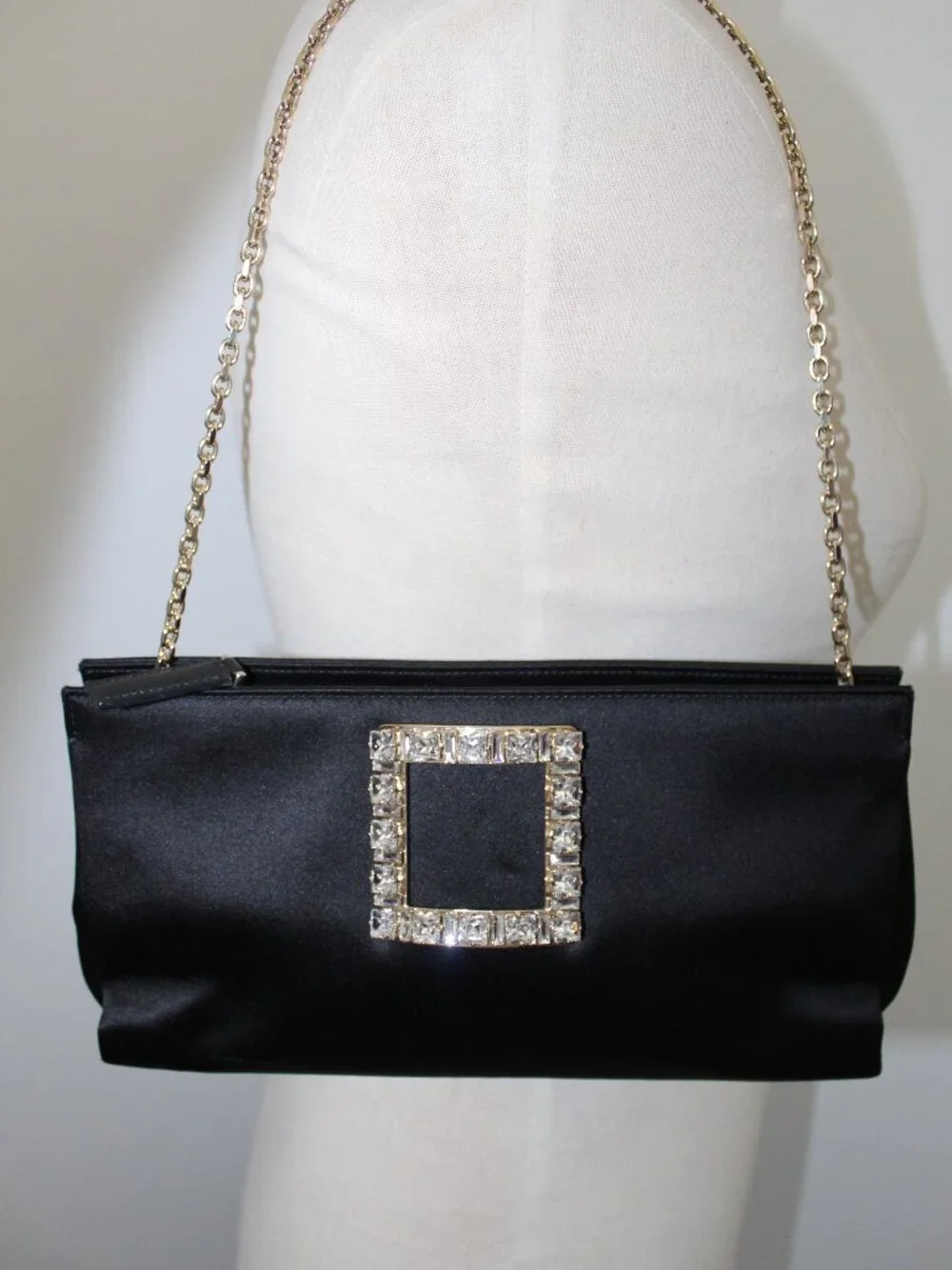 Roger Vivier Black Satin Handbag Clutch Trompette Jeweled Crystal Buckle